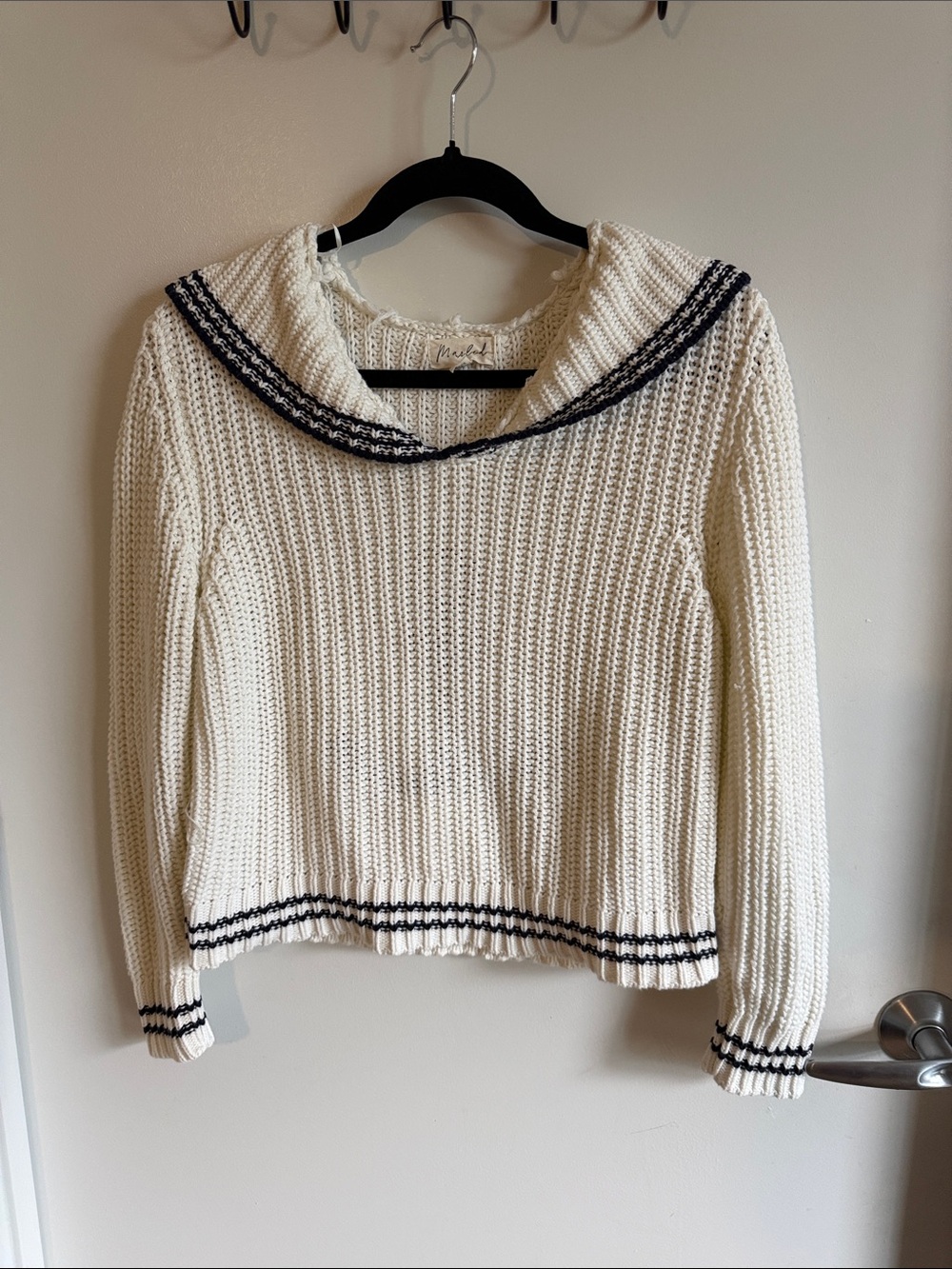 Women's Nautical Knit Sweater with Navy Trim - by Marbel 100% Cotton Sz XS